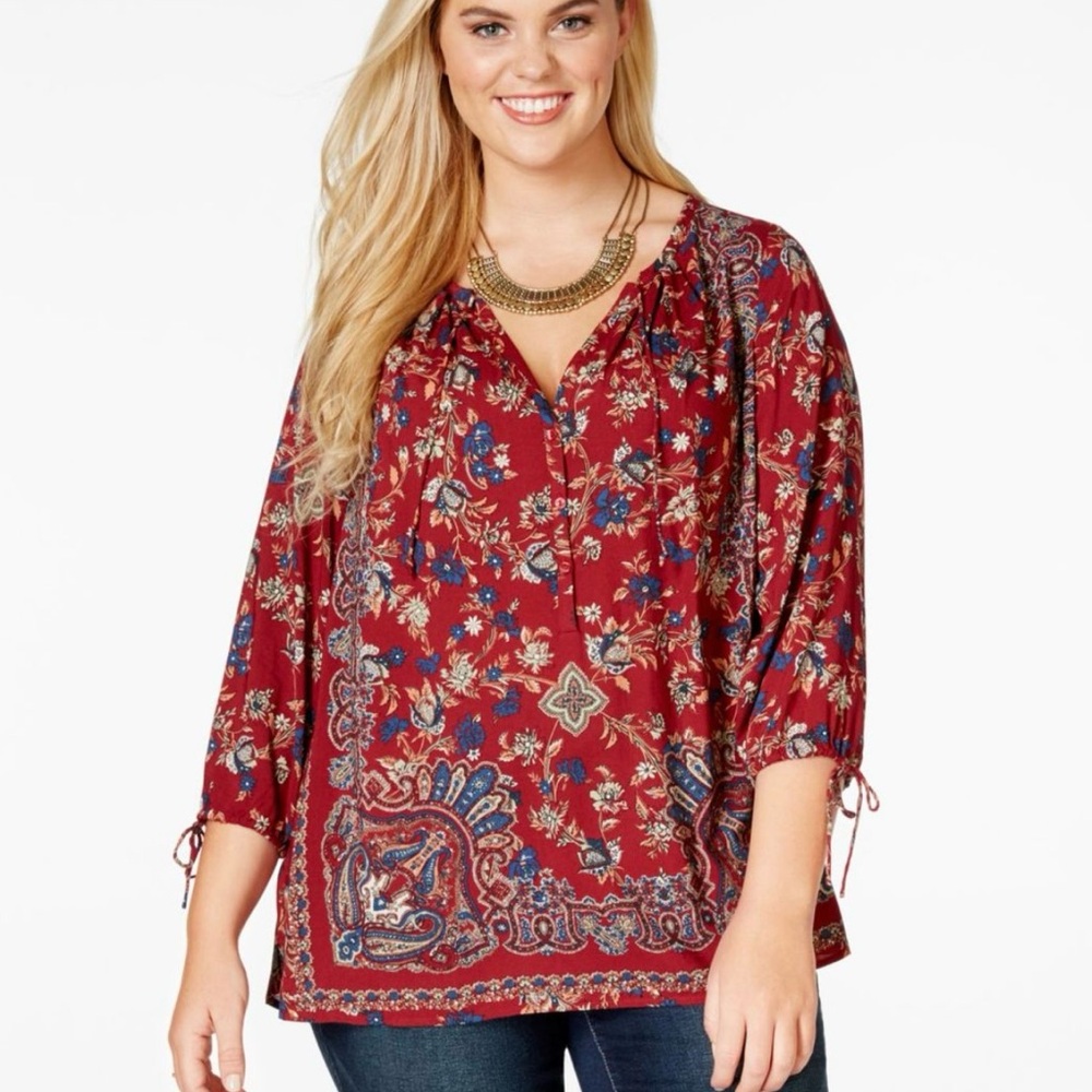 Lucky Brand Red Floral Boho Tunic Blouse with 3/4 Sleeves Size Small